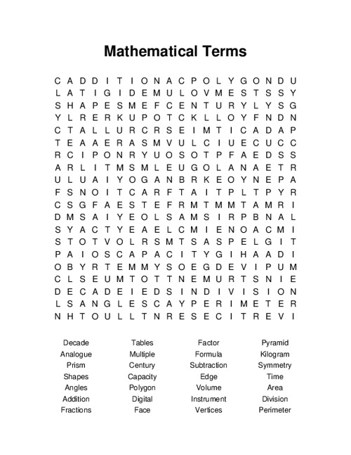 Mathematical Terms Word Search Puzzle