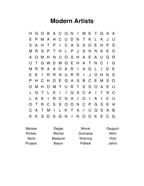 Modern Artists Word Search Puzzle