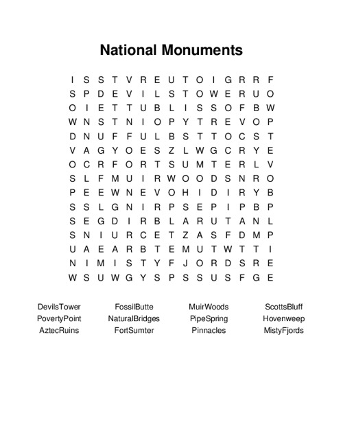 National Monuments Word Search Puzzle