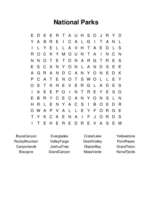 National Parks Word Search Puzzle