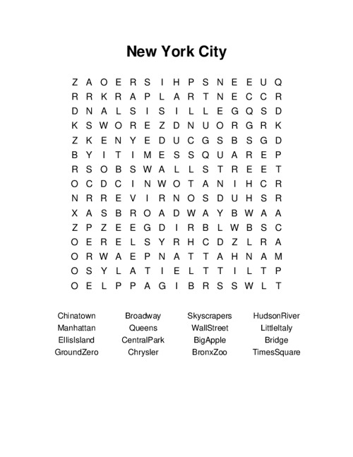 New York City Word Search Puzzle