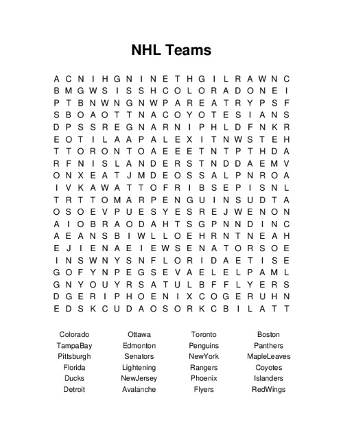 NHL Teams Word Search Puzzle