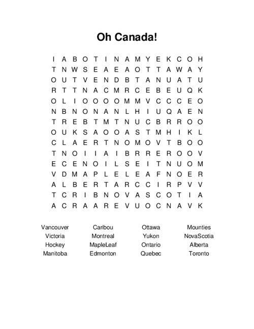 Oh Canada! Word Search Puzzle
