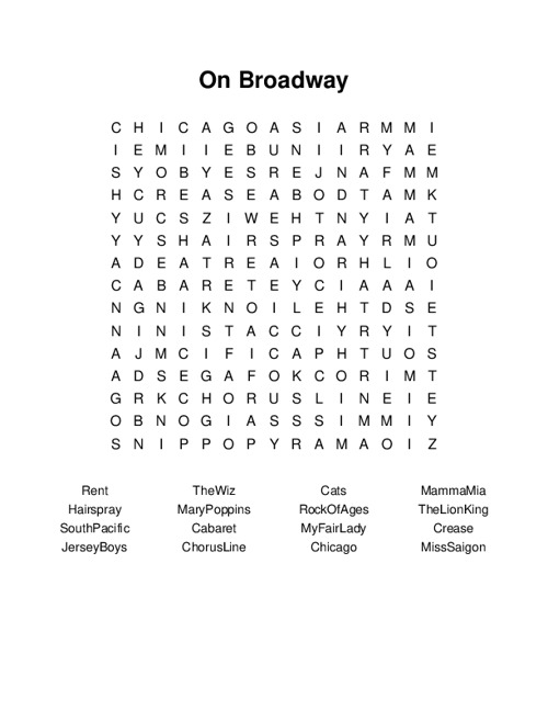On Broadway Word Search Puzzle