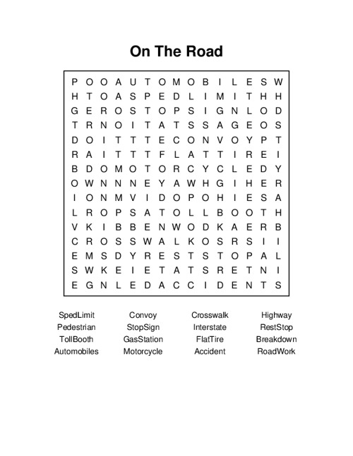 On The Road Word Search Puzzle
