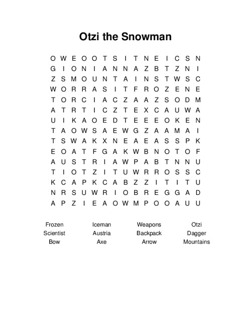 Otzi the Snowman Word Search Puzzle