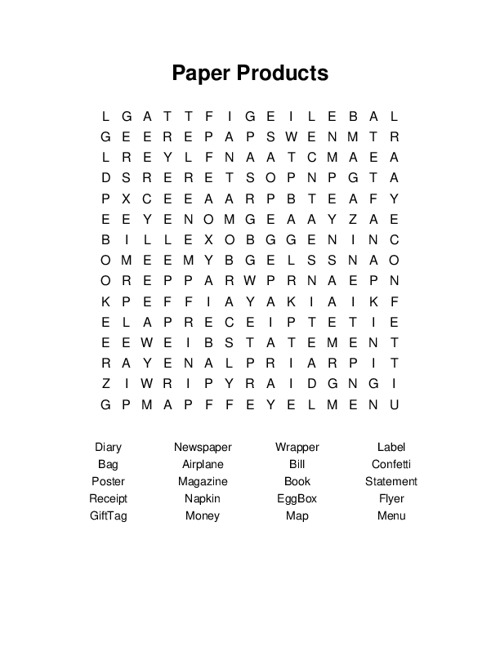 Paper Products Word Search Puzzle