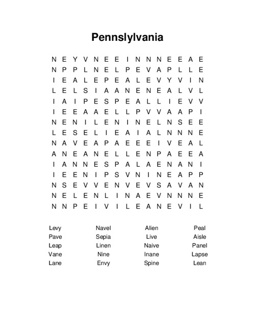 Pennslylvania Word Search Puzzle