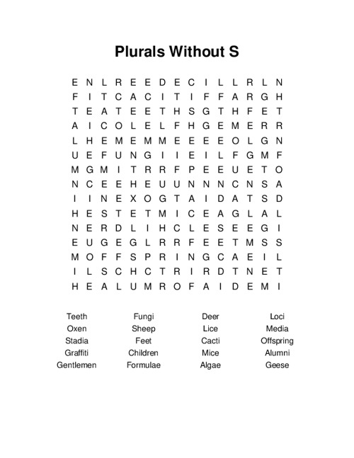 Plurals Without S Word Search Puzzle