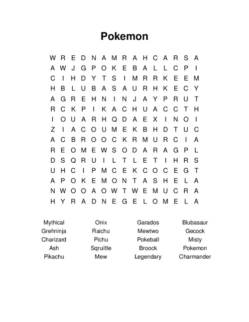 Pokemon Word Search Puzzle