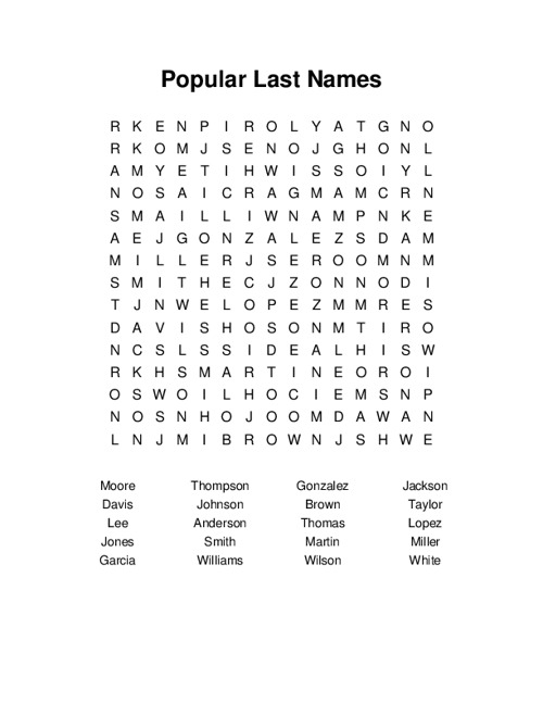 Popular Last Names Word Search Puzzle
