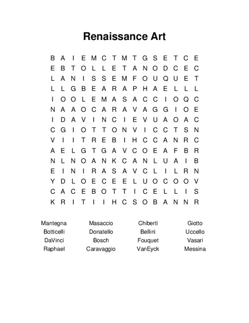 Renaissance Art Word Search Puzzle