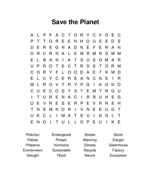 Save the Planet Word Search Puzzle