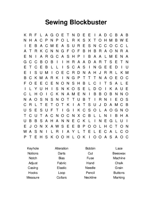 Sewing Blockbuster Word Search Puzzle