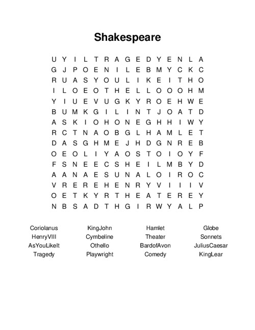 Shakespeare Word Search Puzzle
