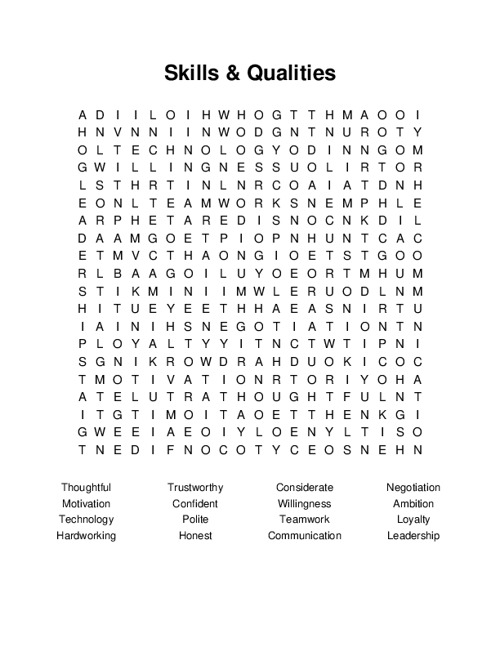 Skills & Qualities Word Search Puzzle