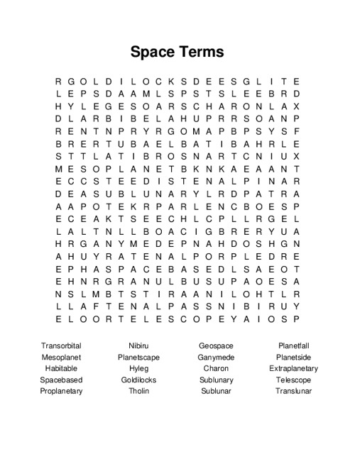 Space Terms Word Search Puzzle