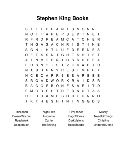 Stephen King Books Word Search Puzzle