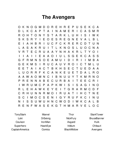 The Avengers Word Search Puzzle
