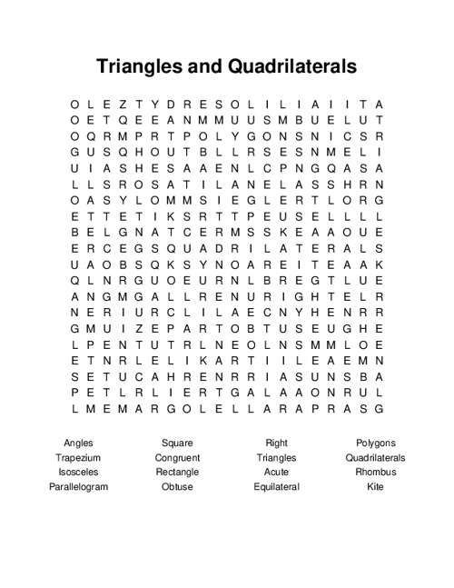 Triangles and Quadrilaterals Word Search Puzzle