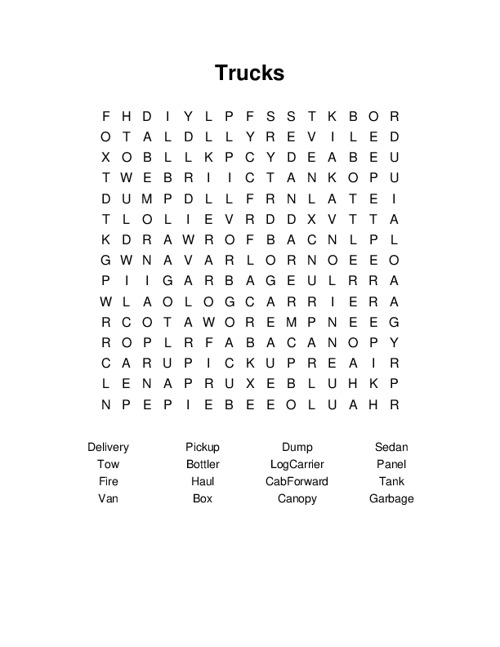 Trucks Word Search Puzzle