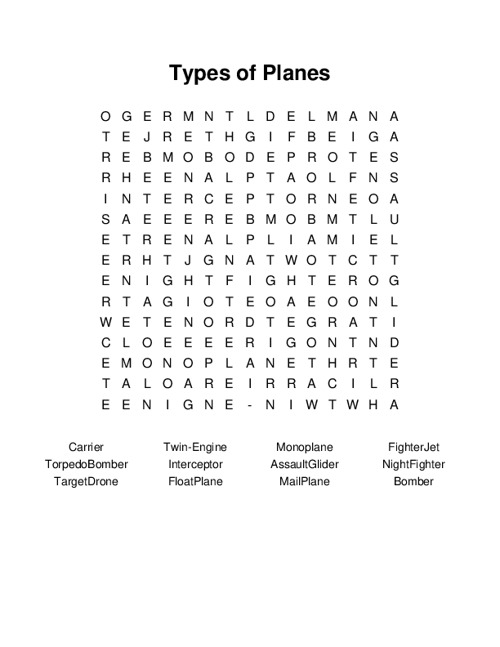 Types of Planes Word Search Puzzle