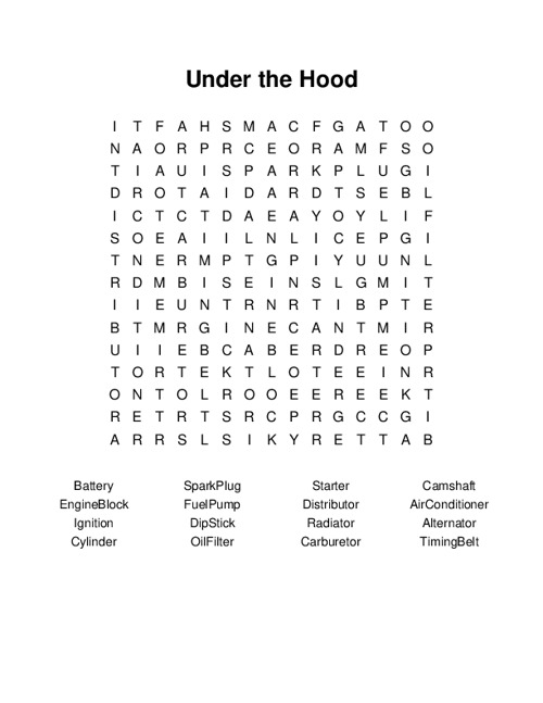 Under the Hood Word Search Puzzle