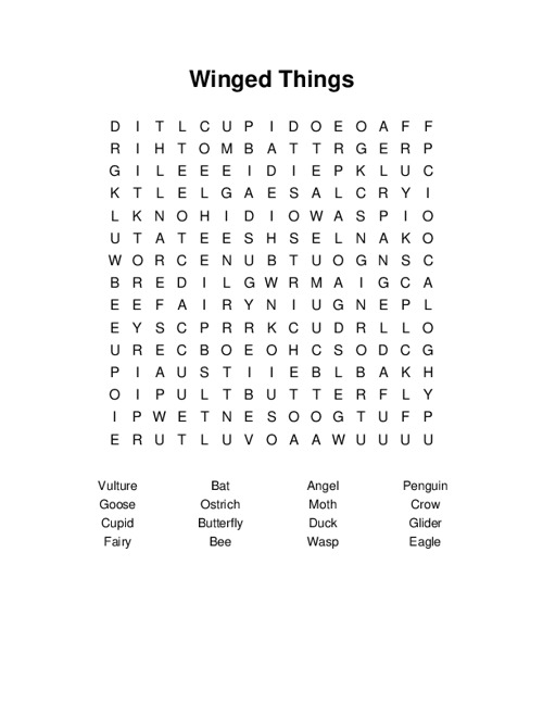 Winged Things Word Search Puzzle