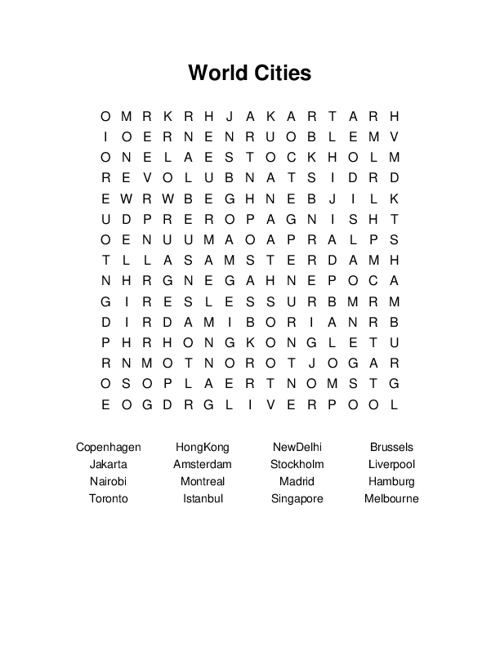 World Cities Word Search Puzzle