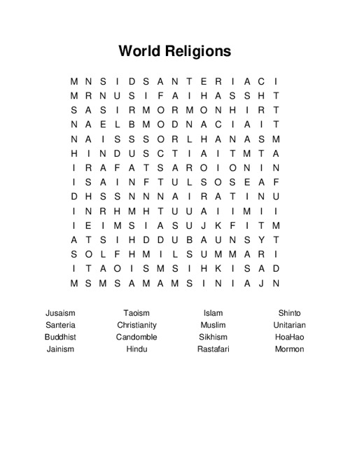 Major Monotheistic Religions Word Search Answer Key