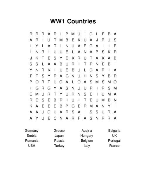 WW1 Countries Word Search Puzzle