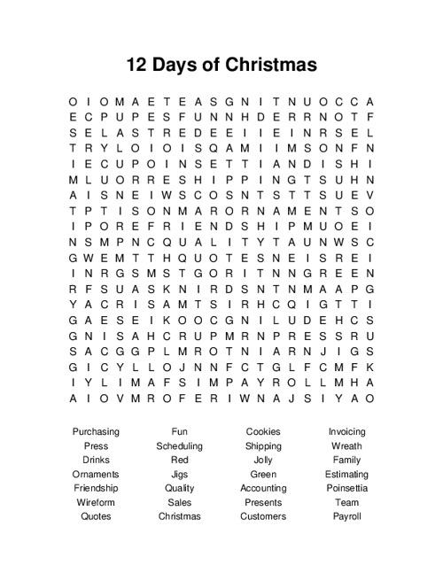 12 Days of Christmas Word Search Puzzle