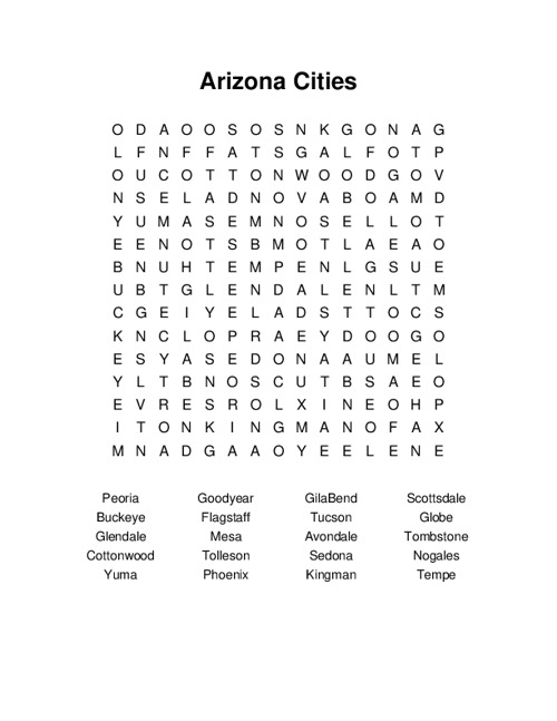 Arizona Cities Word Search Puzzle