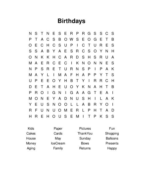 Birthdays Word Search Puzzle