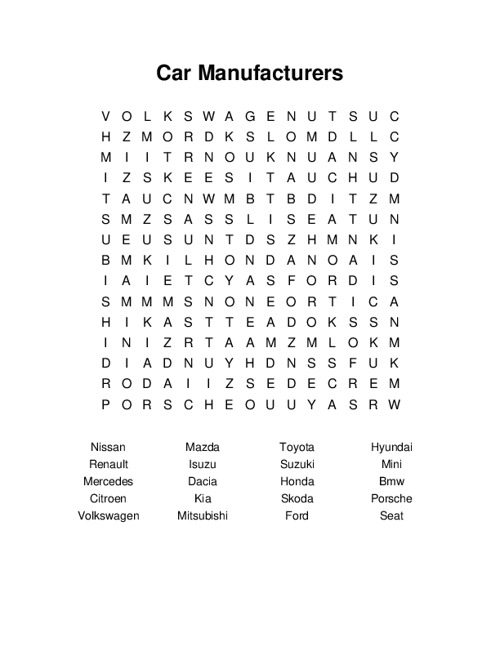 Car Manufacturers Word Search Puzzle