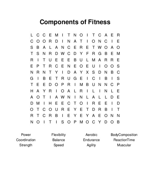 Components of Fitness Word Search Puzzle