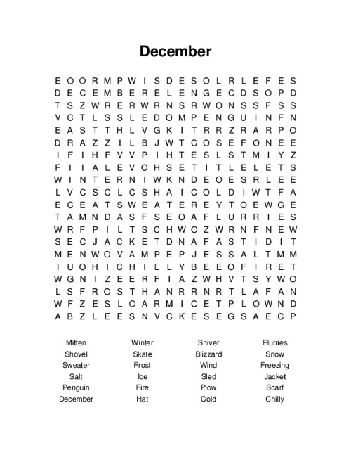 December Word Search Puzzle