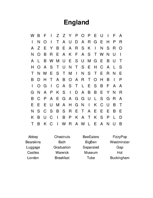 England Word Search Puzzle