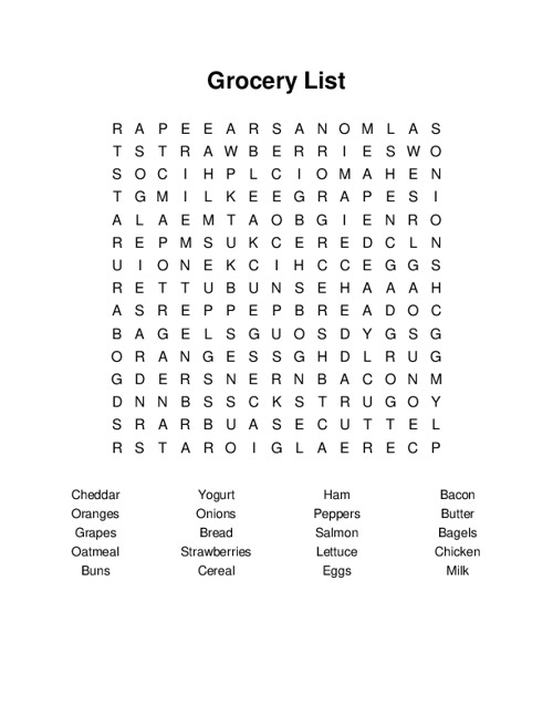 Grocery List Word Search Puzzle