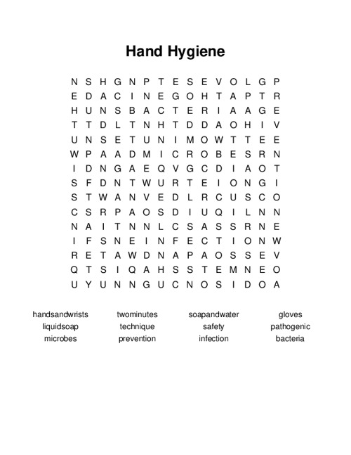 Hand Hygiene Word Search Puzzle