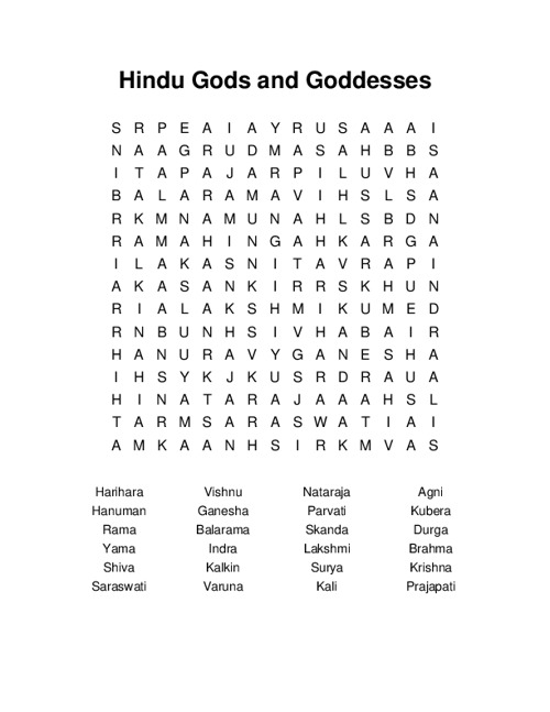 Hindu Gods and Goddesses Word Search Puzzle