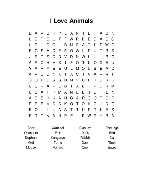 I Love Animals Word Search Puzzle