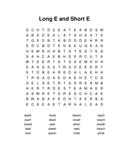 Long E and Short E Word Search Puzzle