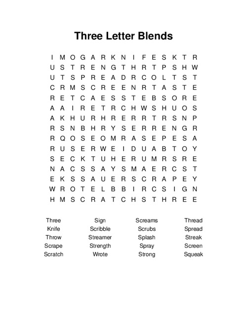 Three Letter Blends Word Search