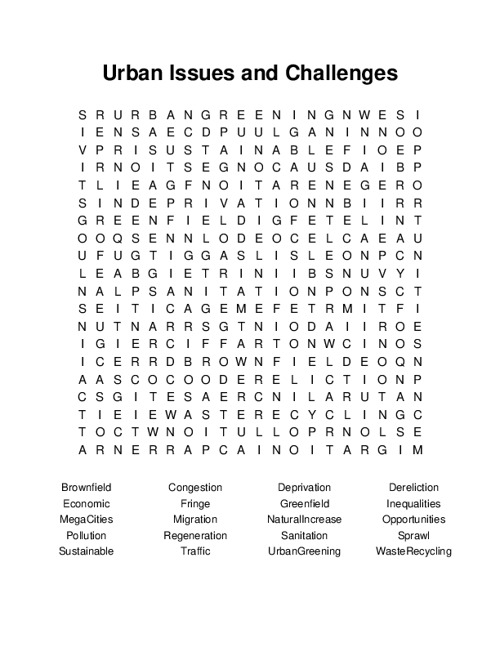 Urban Issues and Challenges Word Search Puzzle