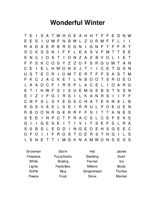 Wonderful Winter Word Search Puzzle