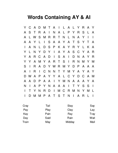 Words Containing AY & AI Word Search Puzzle