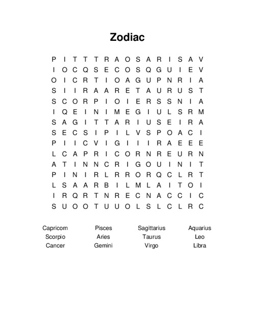 Zodiac Word Search Puzzle