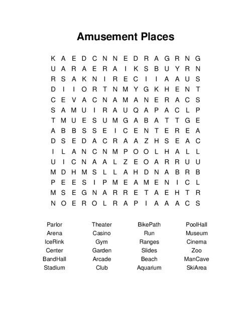 Amusement Places Word Search Puzzle