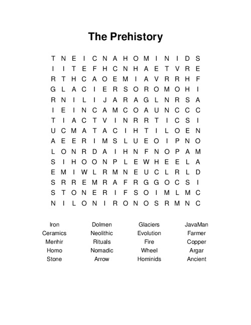 The Prehistory Word Search Puzzle